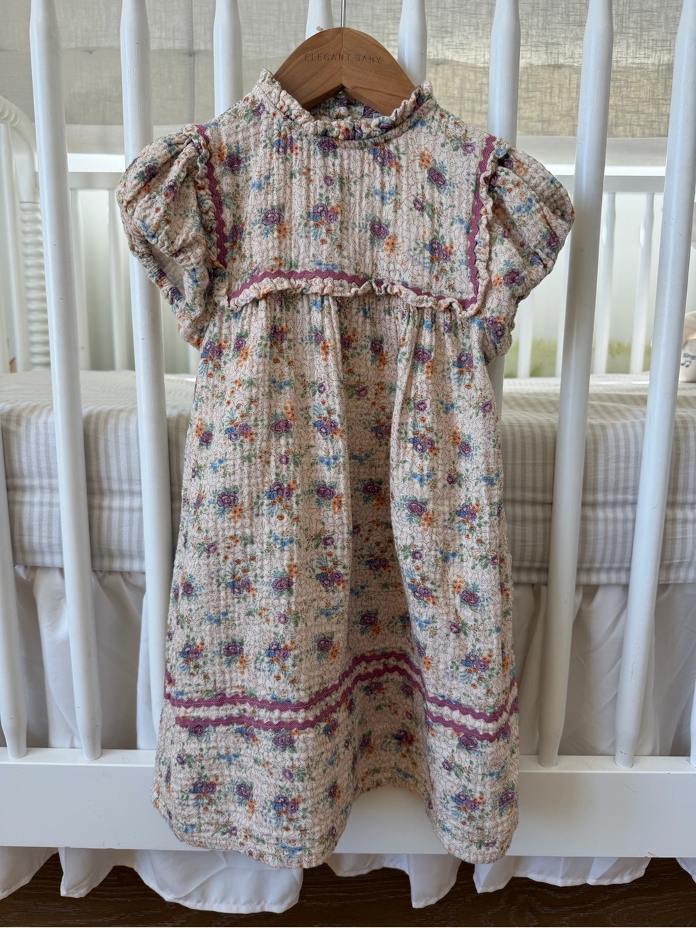 Bebe Organic Girls Floral Dress — Cream with Pink Trim